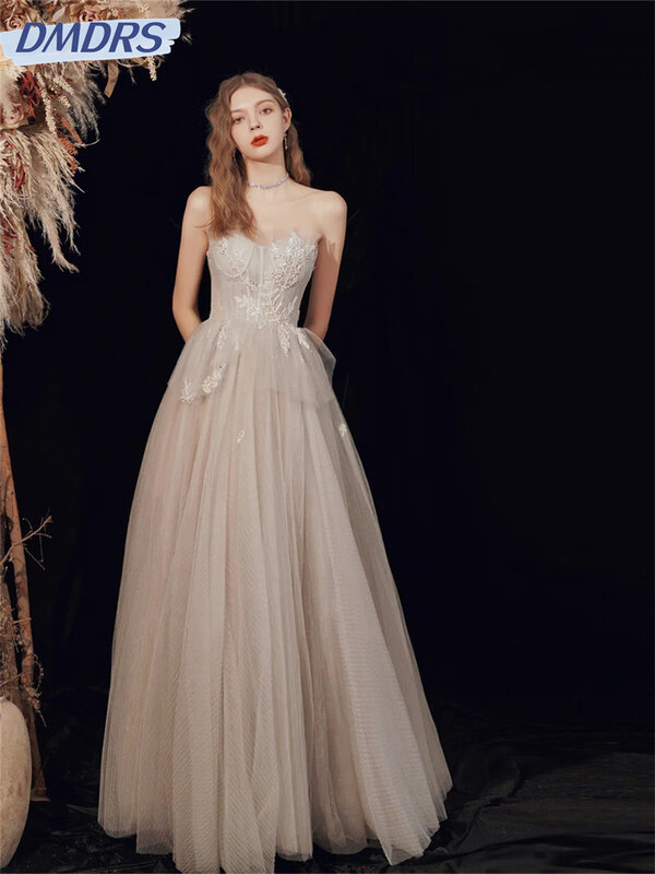 Charming A-Line Prom Dress, graciosos vestidos de tule, elegantes vestidos sem mangas até o chão, 2024