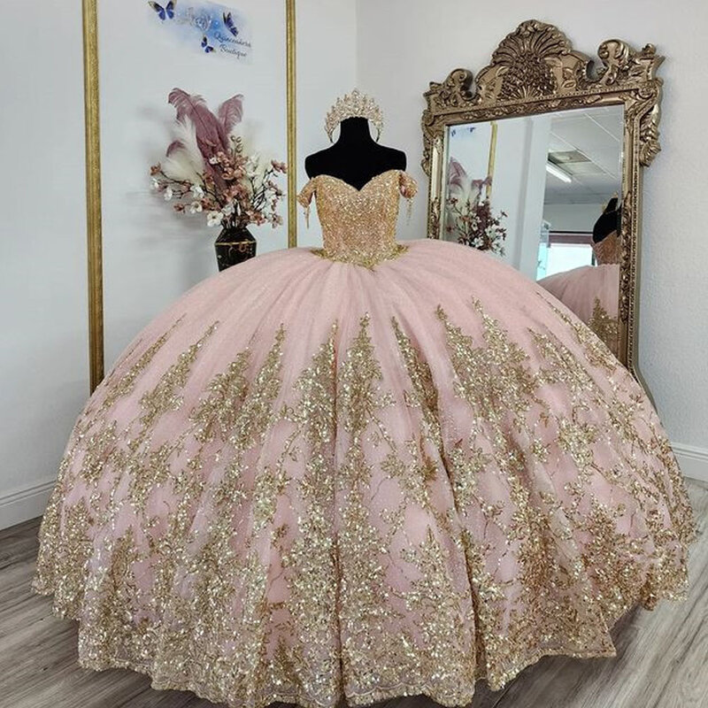 Rose Pink Princess Puffy Quinceanera Dresses Gillter Gold Applique Tassel Off Shoulder Lace-up Corset vestidos de graduación
