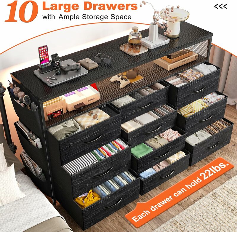 Dresser TV Stand with Drawers for TV Stand for Bedroom with LED Lights & Power Outlets Wide Dresser for Bedroom