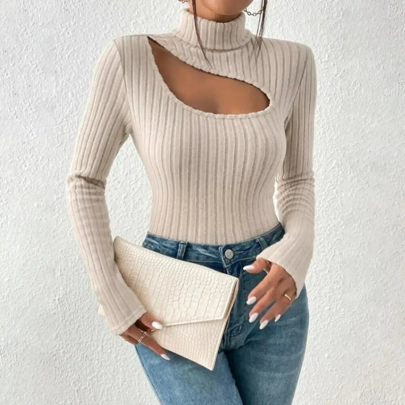 Women Top Hollow Out Sexy Pullover High Collar Long Sleeve Knitted Elastic Slim Fit T-shirt Soft Lady Bottoming Sweater