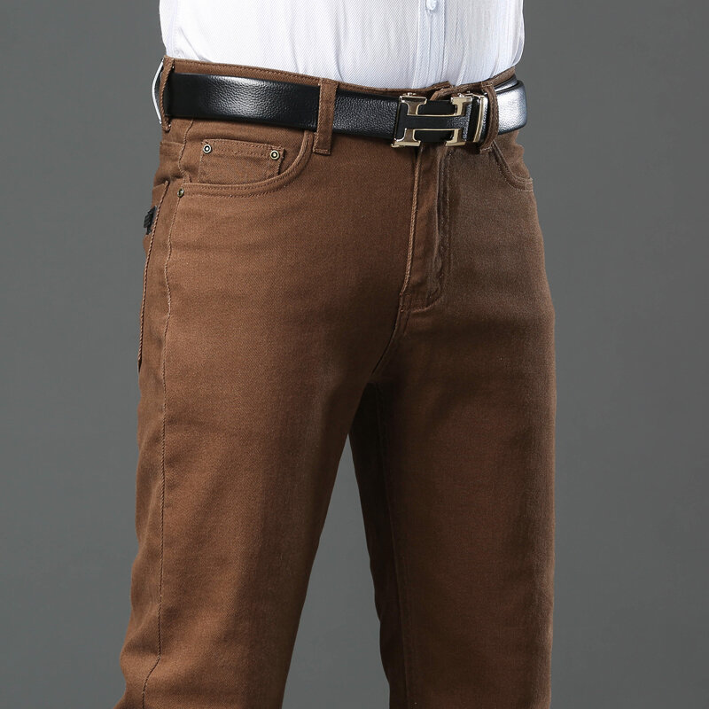 Классический стиль, 3 цвета, осенние мужские облегающие Коричневые джинсы, высокое качество, бизнес, повседневные, тянущиеся джинсовые штаны, мужские Брендовые брюки