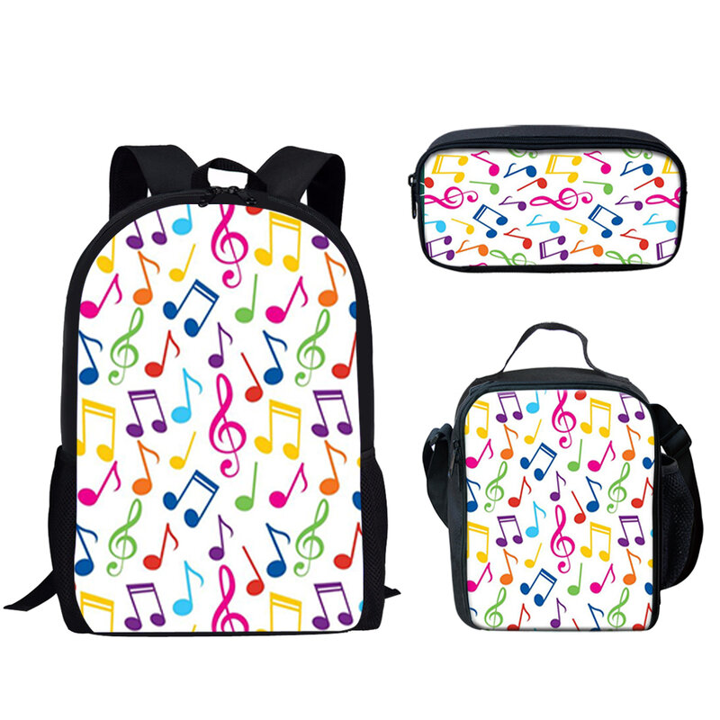 Mochila con estampado 3D de notas musicales divertidas, bolsas escolares para pupilas, mochila para portátil, bolsa de almuerzo, estuche para lápices, moda creativa, 3 piezas por juego