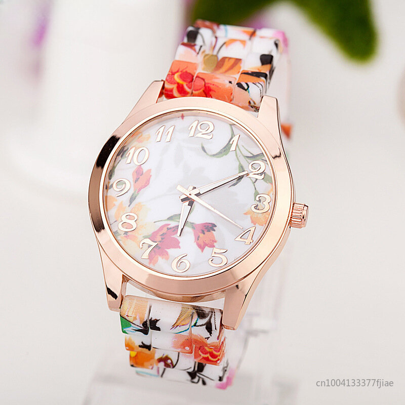 Modny zegarek na co dzień z nadrukiem pasek silikonowy zegar luksusowe zegarki damskie kwarcowe damskie wzór kwiatowy wielokolorowy zegarek na rękę Reloj