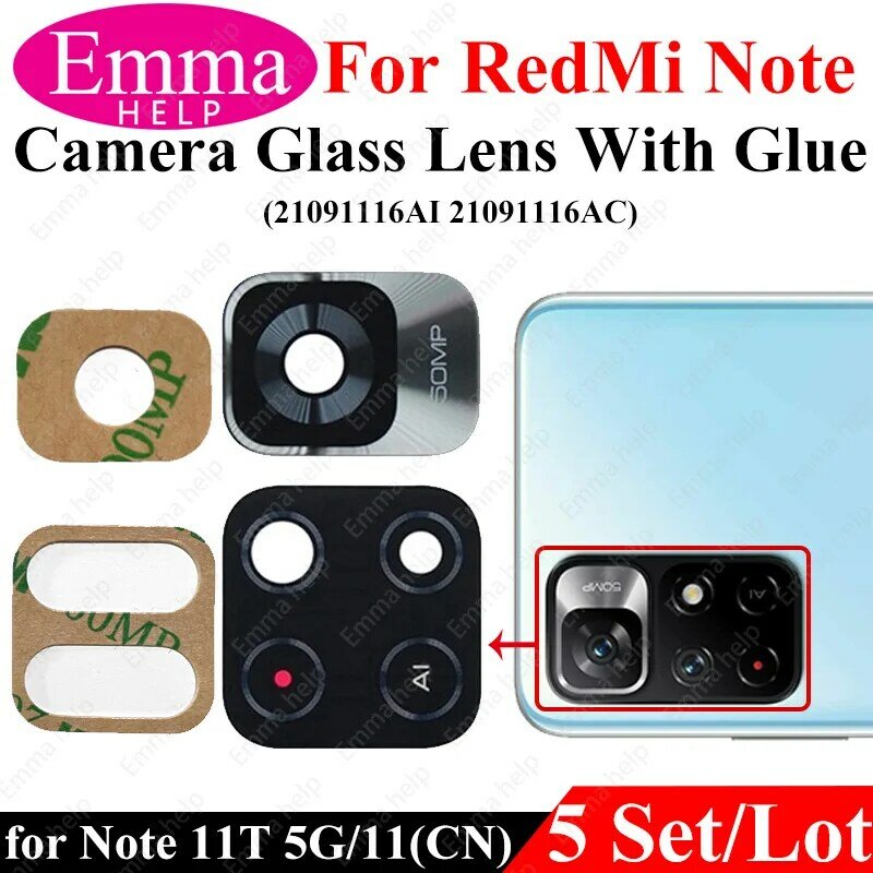 5pcs obiettivo posteriore per fotocamera posteriore per Xiaomi Redmi Note 10 Pro Max 11T 10T 10S 11 9Pro 7 8 T obiettivo in vetro per fotocamera con adesivo