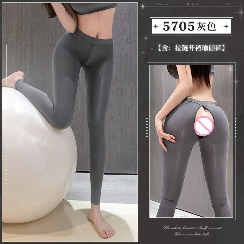 Oil Shiny Open Butt Pants Women Erotic Lingerie Gloosy Zip Open Crotch Yoga Pants See Through Buttocks Hollow Leggings Trousers