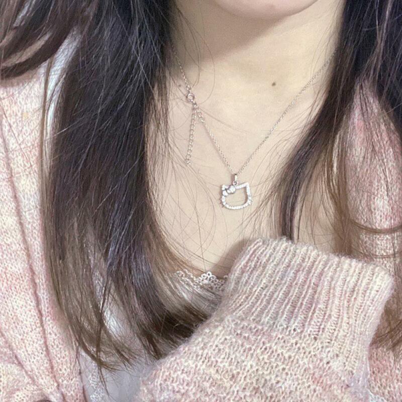 Hello Kitty Necklace Anime Sanrioed Kawaii Lovers Ring Diamond Silver Necklace Adjustable Miss Girlfriend Birthday Festival Gift