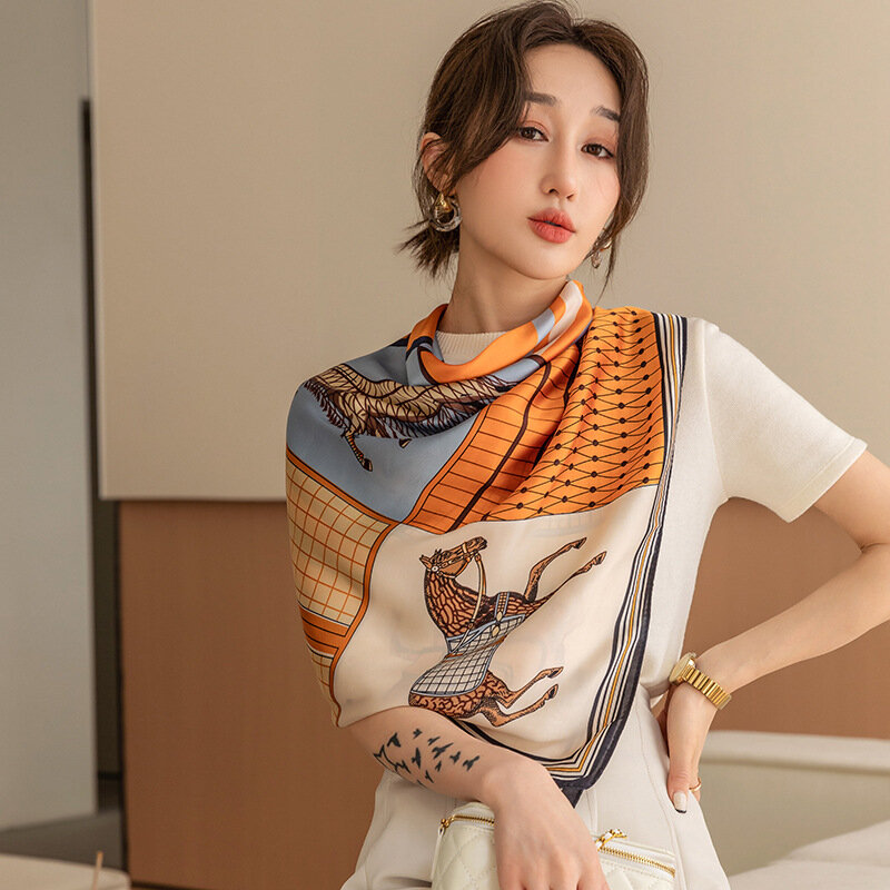 Elaifruihao-女性用フローラルシルクスカーフ,大きな正方形のサテンスカーフ,110cm