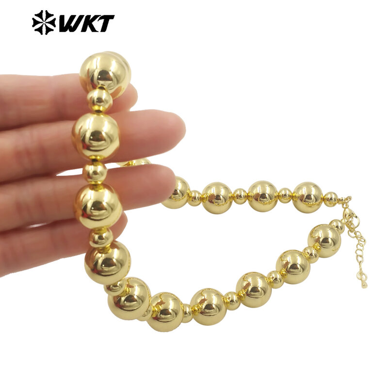 Big Brass Ball Beads Necklace para Mulheres, Estenda 18 Polegada Long, Real Banhado A Ouro, Simples Legal, Popular, Novo, WT-JFN15, 16mm
