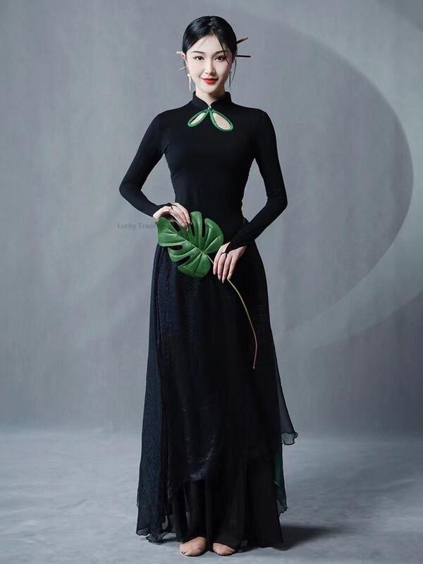 New Chinese Style Classical Dance Dress Black long-sleeved Qipao Top Modern Dance Skirt Pants Folk Dance Cheongsam Dress