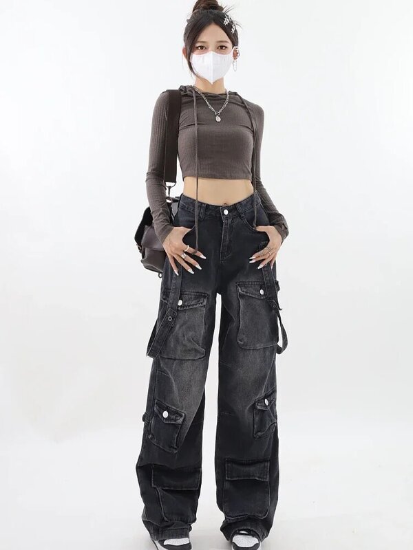 Pantalones vaqueros góticos Retro para mujer, peto negro, pantalones de pierna ancha sueltos informales de calle Y2K, Jeans rectos de cintura alta para pareja