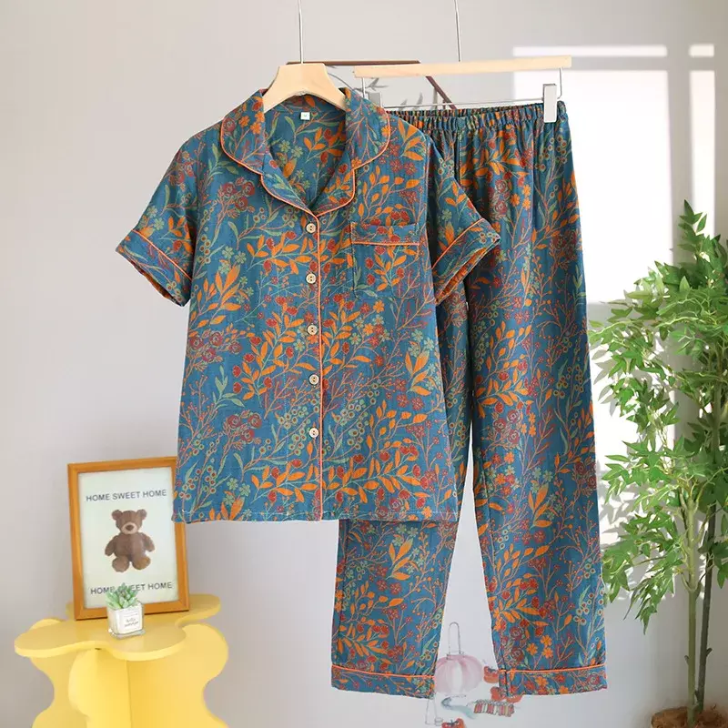 Summer Pajamas Set Of Clothes New Short Sleeve Sleepwear Pure Cotton Floral Print Women's Nightie Underwear Night Wear