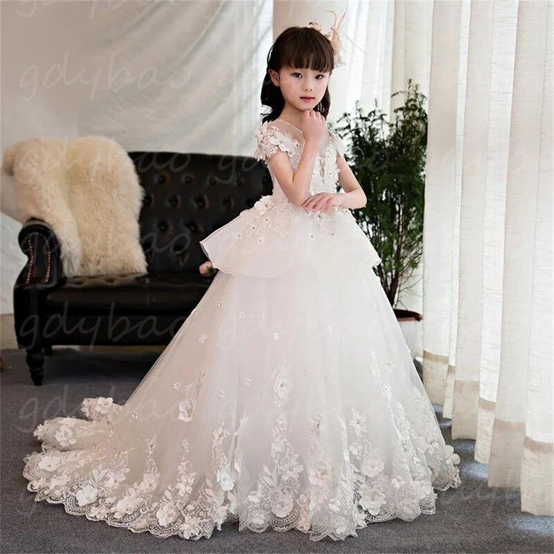 Flower Girl Dress For Wedding Lace Applique Layered Beading Tulle Puffy Elegant Child's First Eucharistic Birthday Party Dresses
