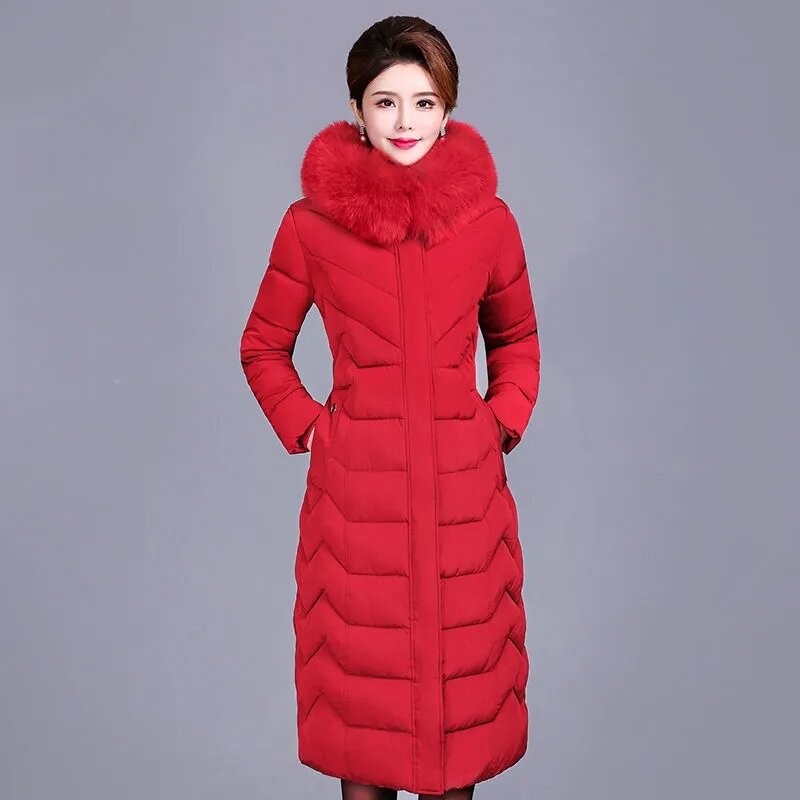 Chaqueta acolchada de algodón para mujer, abrigo largo con capucha y cuello de piel, Parkas de mediana edad, XL-6XL de invierno, novedad de 2023