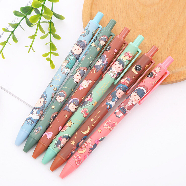 Yatniee 6pcs/pack Cartoon Cute Style Press Gel Pen Set Student Office Suppies Stationery 0.5mm Bullet Head Black Refill Ink Pen
