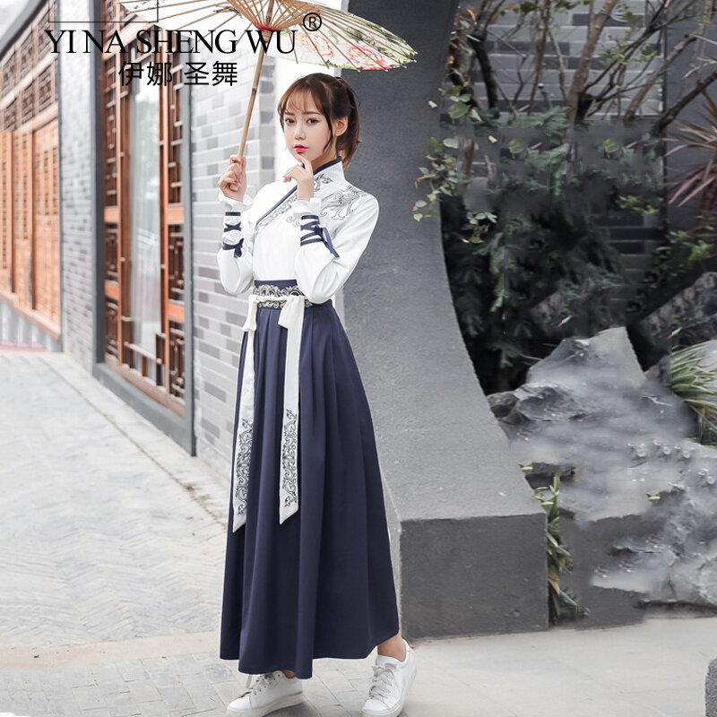 Hanfu-falda de cuello cruzado mejorada para hombre y mujer, traje de artes marciales, para actuaciones en grupo