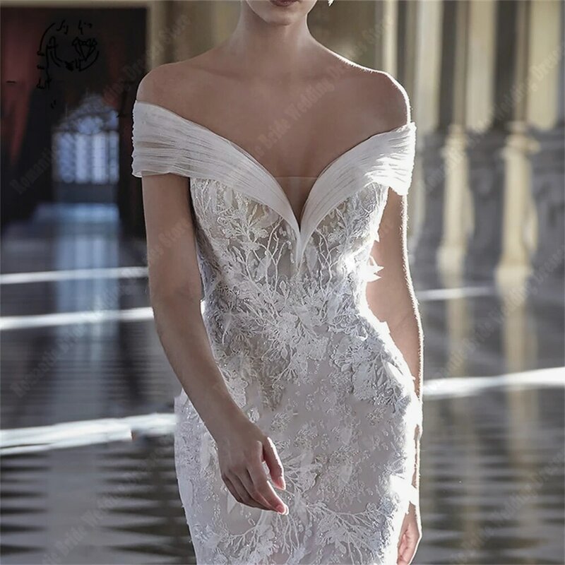 Женское свадебное платье с юбкой годе, фатиновое платье с V-образным вырезом и открытыми плечами, блестящее кружевное платье с аппликацией, 2024