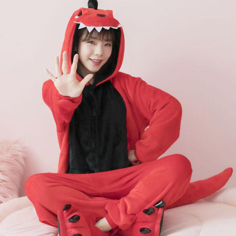Red Dinosaur Beast Jumpsuit Night-clothes Mature Trendy Individual Endearing Comfortable Cold-proof Fluffy Women's Home Wear