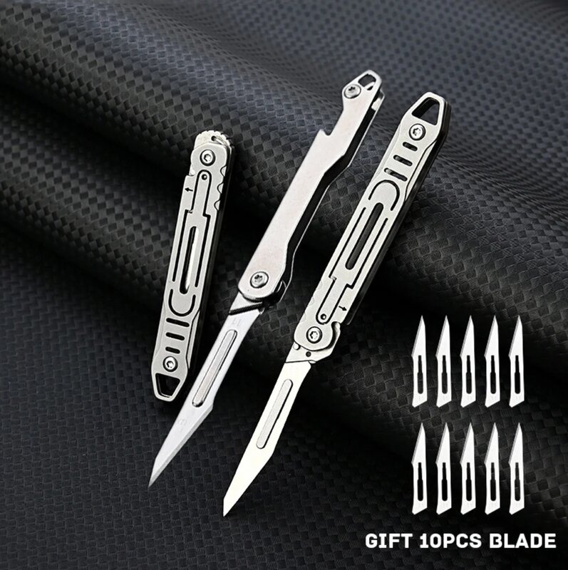 Pisau lipat logam campuran Titanium G10, Gantungan Kunci pisau saku alat bedah selfpertahanan dapat diganti No 11 pisau bedah
