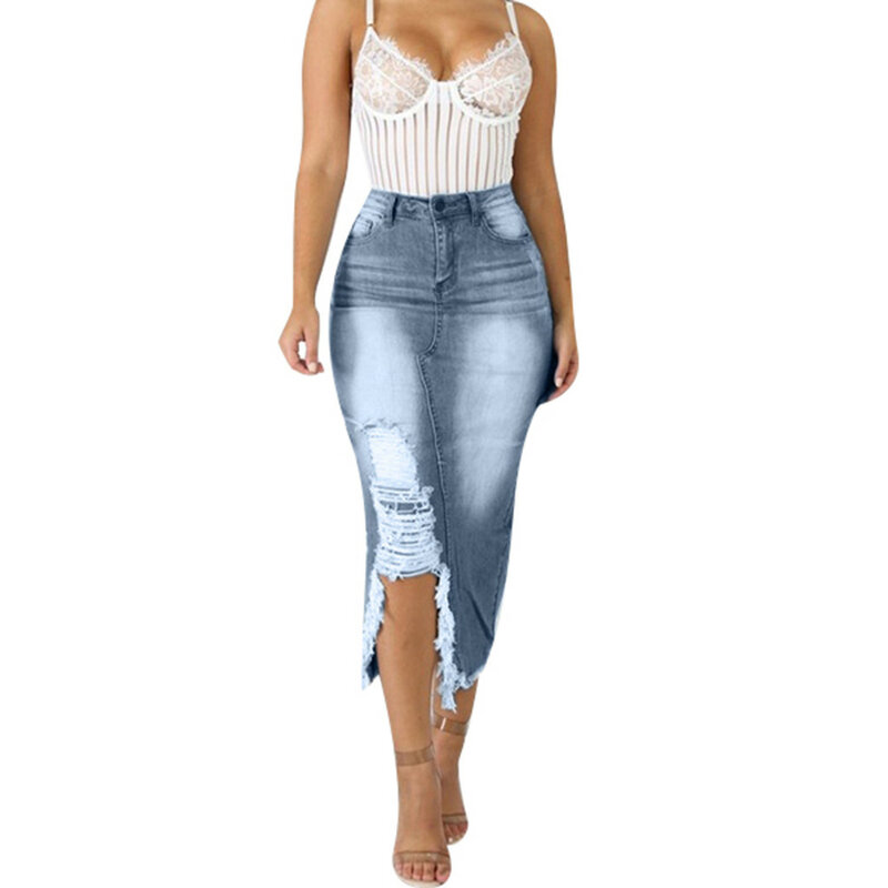 Moda damska z wysokim stanem zgrane zniszczone Bodycon w stylu ulicznym z dzielonym dżinsem jeansy w stylu Distressed obcisłą długa spódnica hurtowa