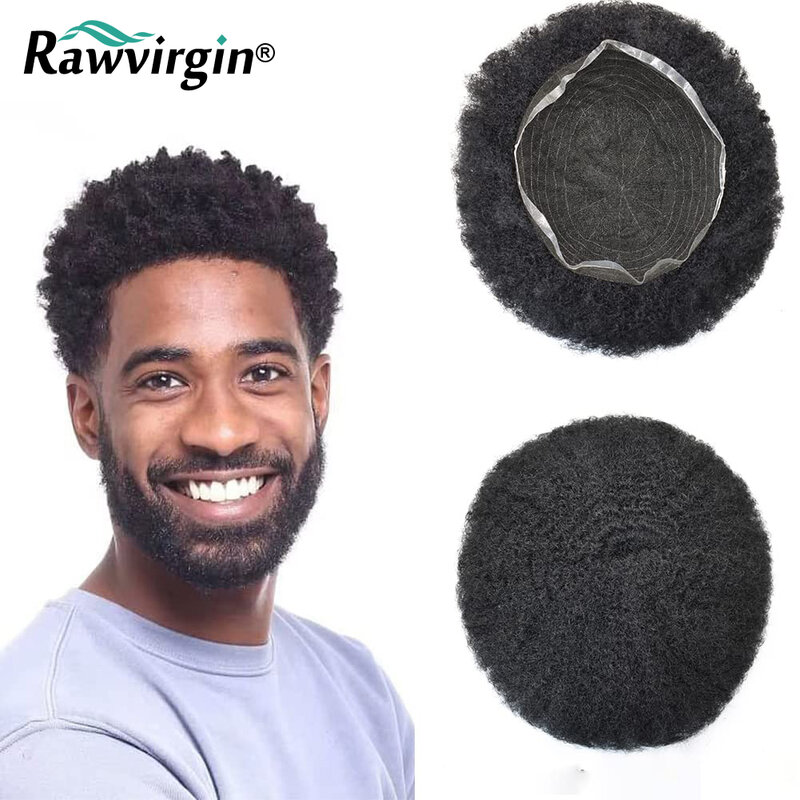 Afro Kinky Curly Toupee for Black Men Afro Coily Black Men Hair Units Brazilian Human Hair Transparent HD Full Lace Hair System