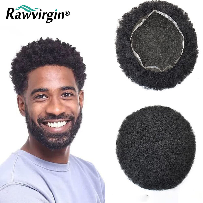 Afro Kinky Curly Toupee Para Homens Negros, Cabelos Coiliy, Cabelo Humano Brasileiro, HD Transparente, Sistema Cheio De Cabelo Do Laço