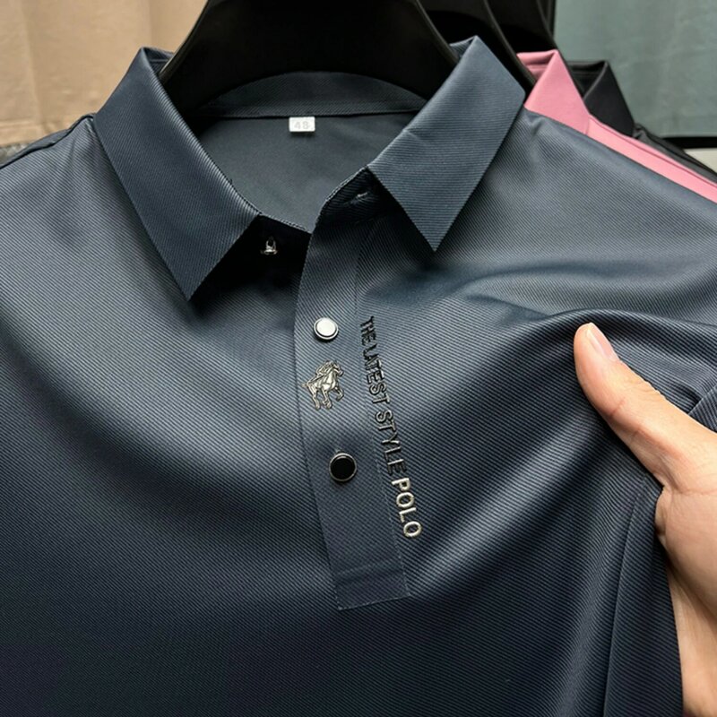 Camisa polo bordada em seda e gelo masculina, camiseta polo com elástico, manga curta casual, moda coreana, outono, nova, 2023