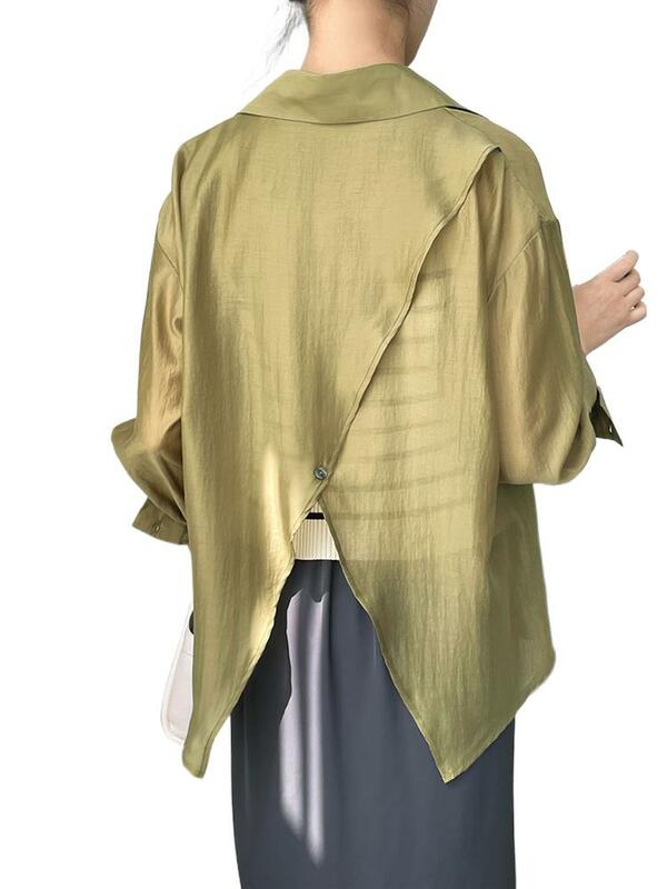Spring Women's High Quality Rayon Lapel Shirts Design Sense Oblique Split Back Smooth Temperament Loose Fit Versatile Outwear