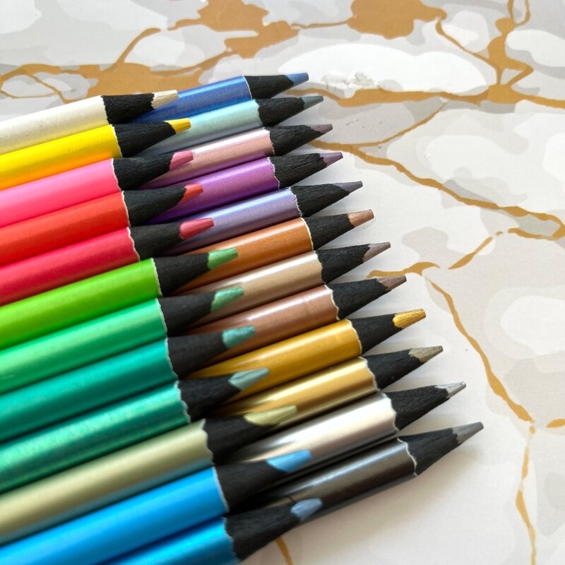 24 Assorted Color Metallic Colored Pencils Black Wooden Drawing Sketching Pencil