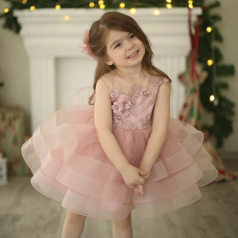 Vestido de tul de perlas de color rosa claro para niña, apliques en capas sin mangas con lazo para boda, vestido de fiesta de cumpleaños de princesa encantadora