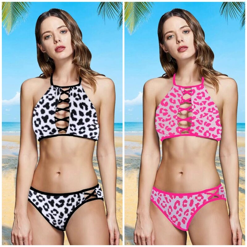 Microbikini con estampado de leopardo para mujer, bañador Sexy para mujer, conjunto de Bikini con Tanga, traje de baño brasileño para playa, Bikini con cuello alto 2024