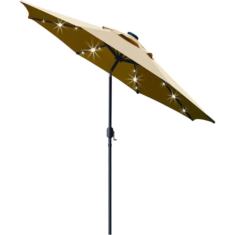Sunnyglade 태양광 LED 조명 파티오 우산, 8 개의 리브, 틸트 조정, 크랭크 리프트 시스템 (라이트 탄), 내구성 있고 안정적인 9 인치