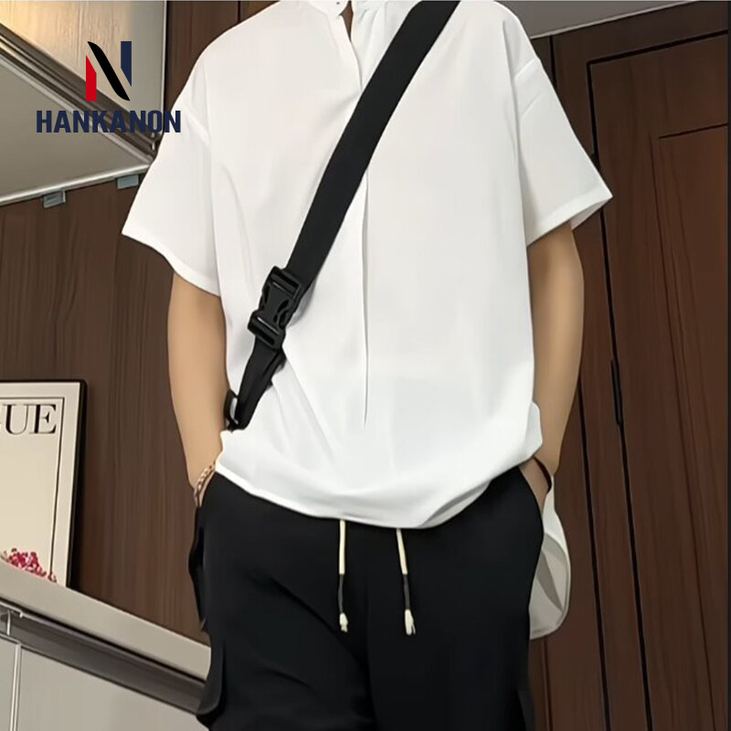 Camisa holgada con cuello levantado para hombre, Jersey informal de manga corta, Top transpirable de gran tamaño con cuello en V, M-5XL