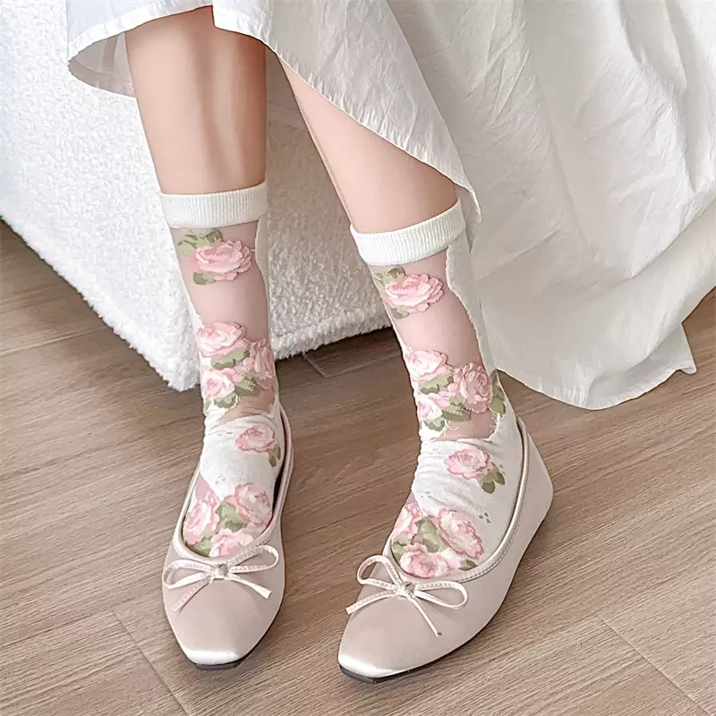 Conjunto de meias transparentes florais fofas de cores mistas para mulheres, meias finas casuais doces e frescas, novo estilo coreano, 3 pares