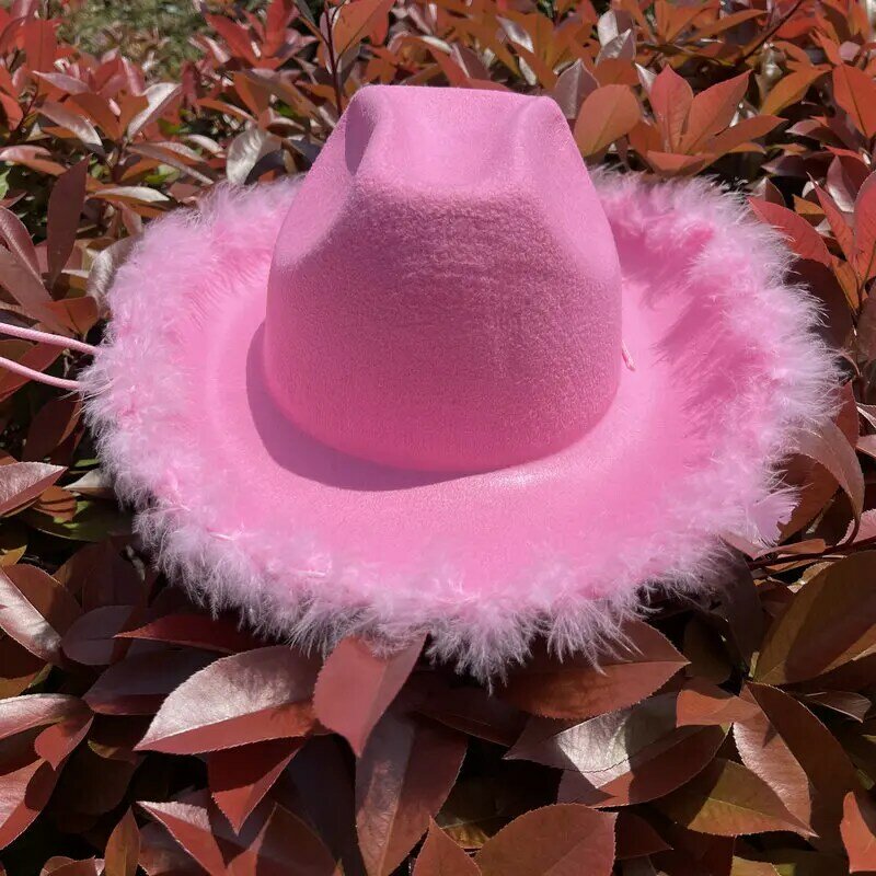 Christmas Hat Pink Raw Edge Cowboy Hat Fleece Edge Decorative Hat Pink Western Cowboy Felt Stylized Hat Cosplay Party Props