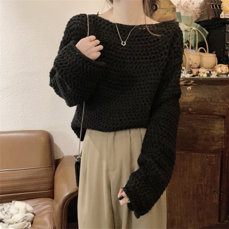 女性用長袖セーター,セクシー,透かし彫り,ニット,長袖,韓国原宿,2023