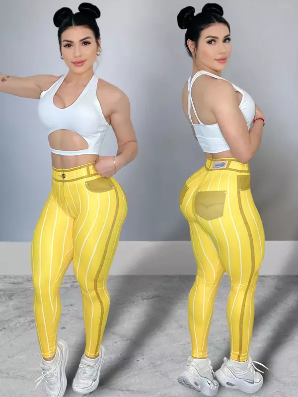 Celana terbuka ritsleting tak terlihat wanita, celana Denim imitasi motif garis Yoga pinggang tinggi seksi tren olahraga kebugaran wanita