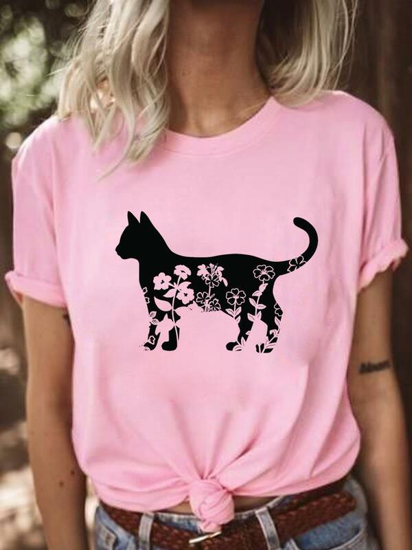 Księżyc piękny Trend kot na co dzień z krótkim rękawem T odzież odzież graficzna koszulka damska moda damska t-shirty z nadrukiem