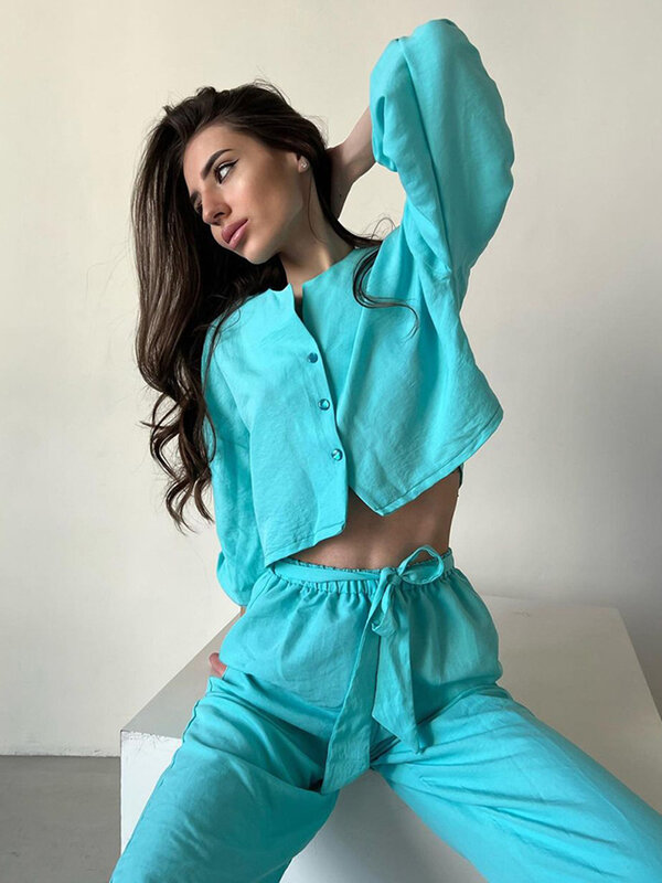 Marthaqiqi Ladies Home Clothes Long Sleeve Nightwear O-Neck Sleepwear Crop Top Pajamas Pants Casual Female Nightie 2 Piece Suit