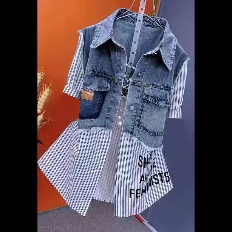 Primavera/estate 2024 New Fashion Striped Fake two Denim camicie Design da donna Sense Stitching giacche da donna temperamento cappotto Top
