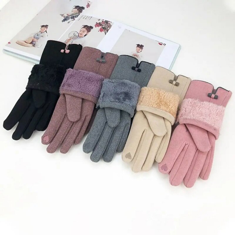 Simpatici guanti invernali in tinta unita con fiocco guanti in lana più guanti in velluto con dita intere guanti femminili guanti in peluche guanti Touch Screen
