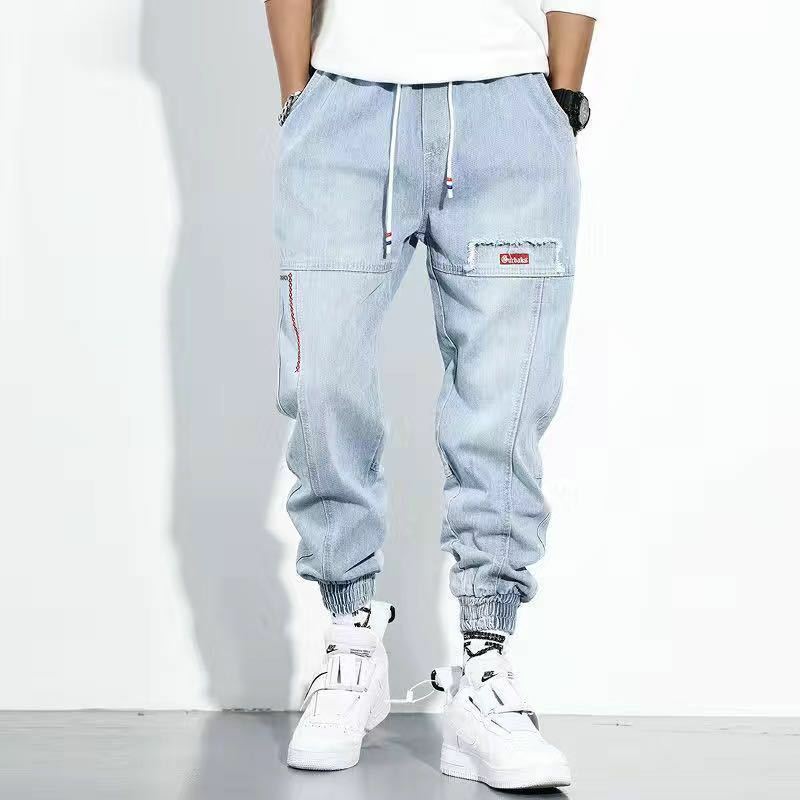 Celana Jeans longgar pria, Jeans elastis Harlequin Jogging olahraga kasual ukuran Plus 5Xl