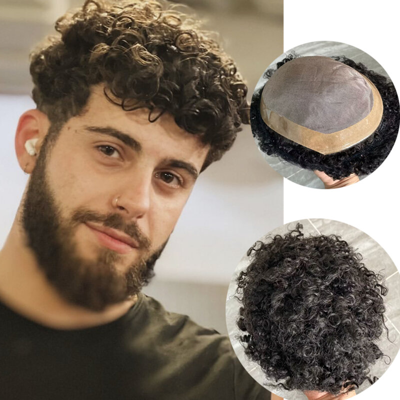 Black 15mm Curly Men Human Hair Toupee Durable Fine Mono PU Base Man Hair Prothesis System Hairpieces Natural Look Sale