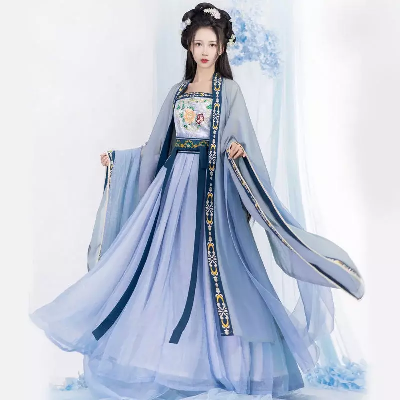 Hanfu Cina gaun tradisional wanita kuno bordir tari peri kostum Cosplay Dinasti Tang rok musim panas Set
