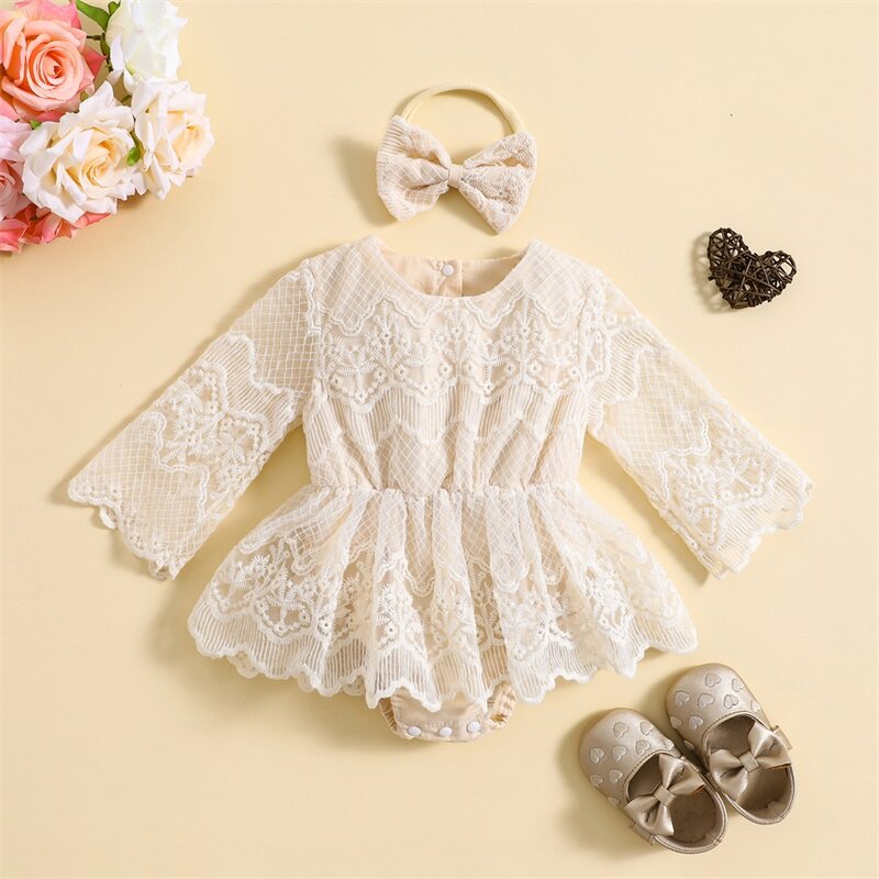 2023-07-05 Lioraitiin 6-24M Baby Girls Outfits Long Sleeves Floral Lace Romper Dress Headband Toddler Infant Fall Cute Clothes