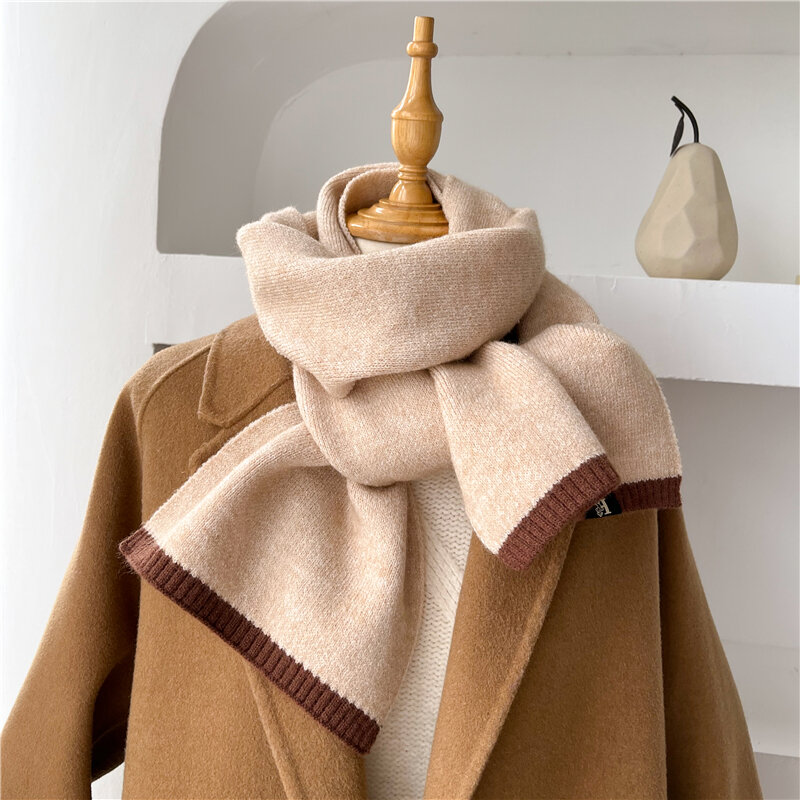 Elegante cachecol de malha para mulheres monocromático, fio de lã, lenço quente, xale e lenço feminino, cachecóis magros, inverno 2022