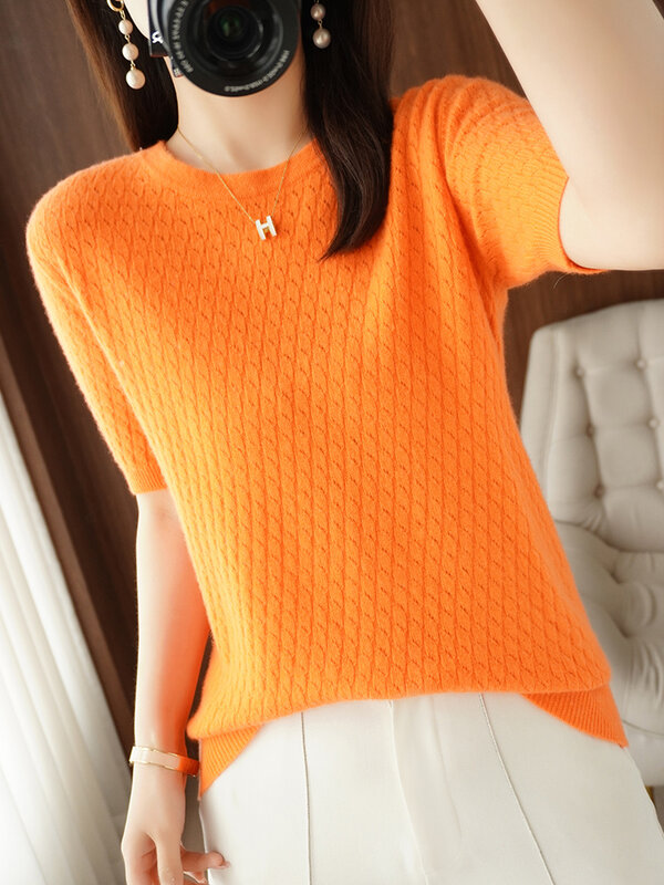 Women's Wool Sweater Short Sleeve Round Collar Pullover 100% Merino Wool Knitted Jumper Summer Loose Fashionable Female T-shirt