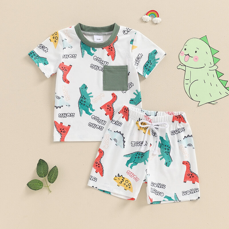 2024-04-09 Lioraitiin Baby Jongens Zomer Outfits Dinosaurus Print T-Shirt Met Korte Mouwen En Elastische Shorts Set Vakantie Kleding Set