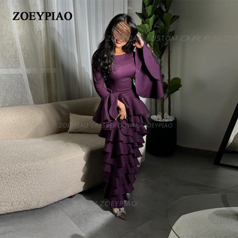 Dark Purple Tiered Satin Formal Event Dubai Occasion Dresses 2024 O Neck Long Sleeves Evening Party Gowns فساتين الحفلات