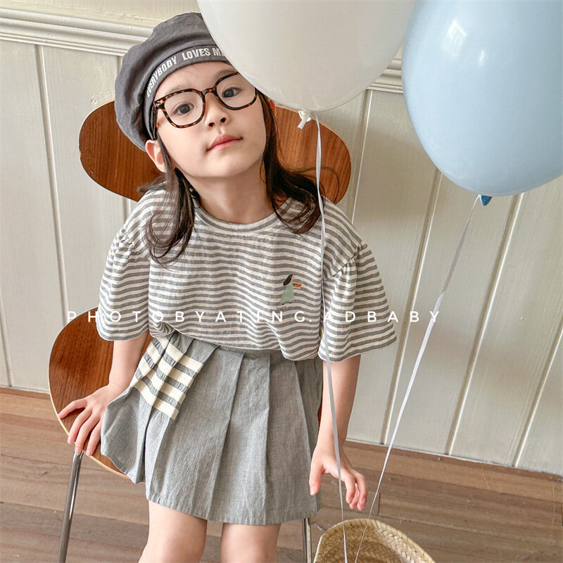 2024 Summer New Children Short Sleeve T Shirts Cotton Loose Versatile Boys Girls Striped Tee Baby Casual Print Tops Kids Clothes