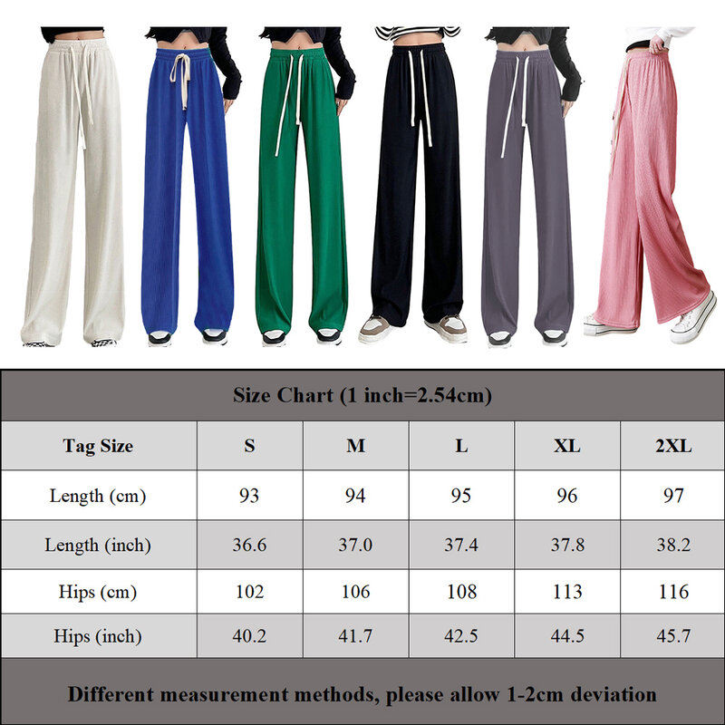 Jeans de seda gelo de perna larga para mulheres, calça casual e solta, calça de cintura alta com cordão longo, verão e fresco